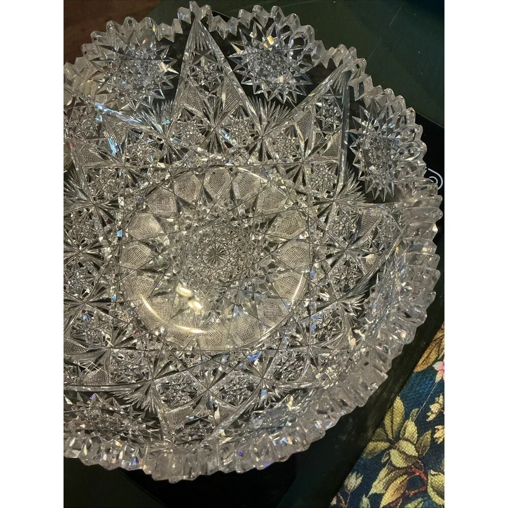 American Brilliant Lead Cut Glass Bowl 8.25 Inch Clear Antique Sawtooth Edge